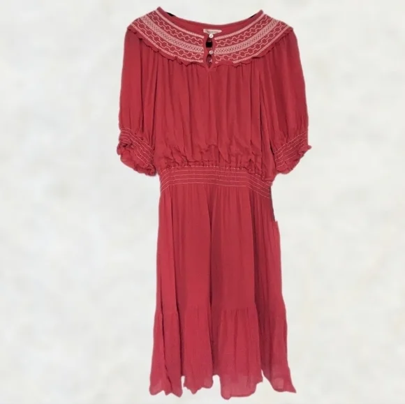 Max Studio Short Puff Sleeve Keyhole Neck Smocked Waist Dress Watermelon - sz XL - Picture 2 of 8